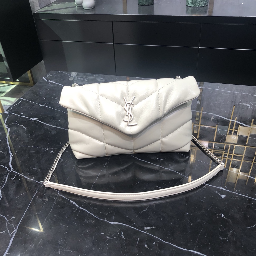 Saint Laurent Loulou Puffer Toy Lambskin Shoulder Bag Handbag White 759337 Silver